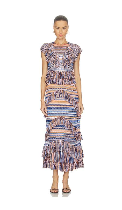 ulla johnson raina ruffle knit dress in blue,orange.