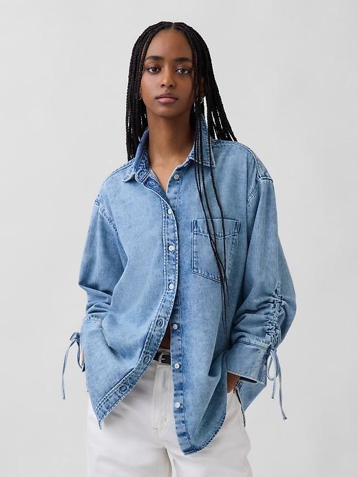 ultrasoft denim oversized ruched-sleeve shirt