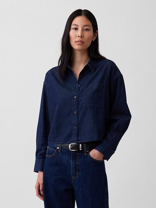 ultrasoft denim oversized straight-hem crop shirt