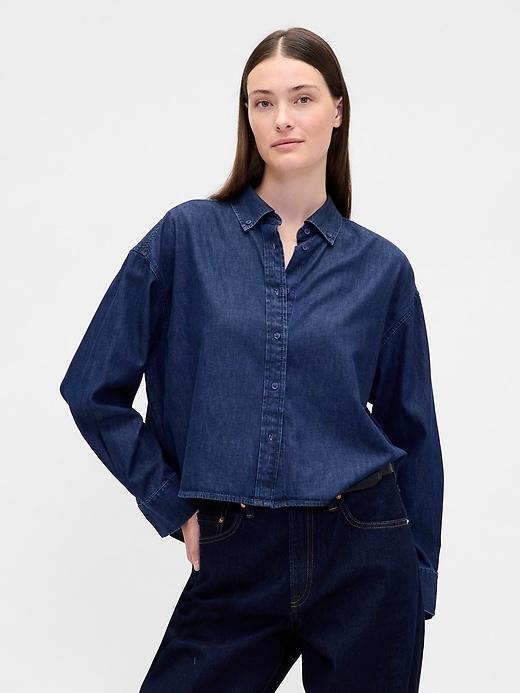 ultrasoft denim oversized straight-hem crop shirt