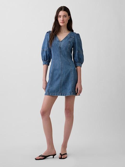 ultrasoft denim puff-sleeve mini dress