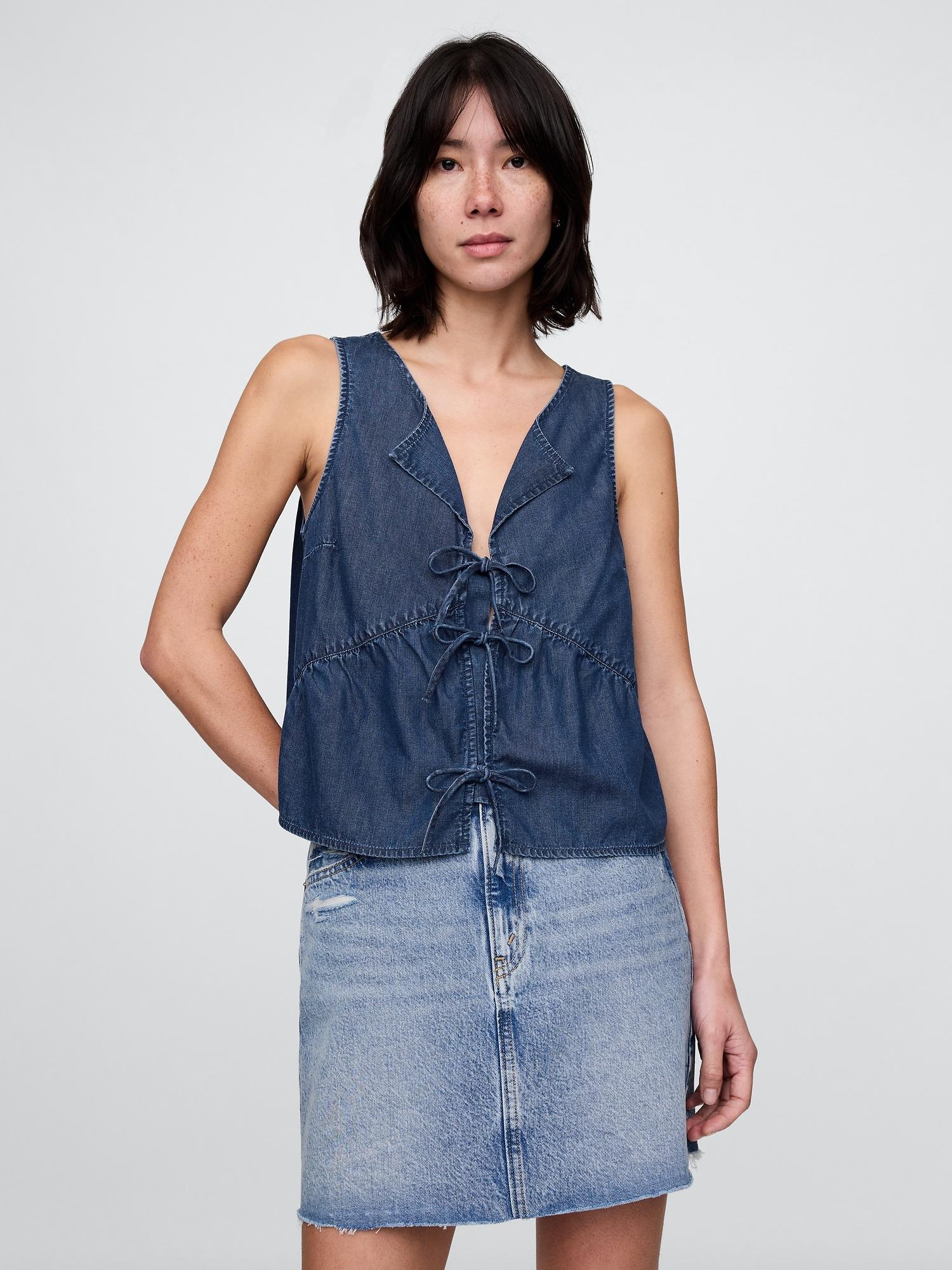 ultrasoft denim tie-front top