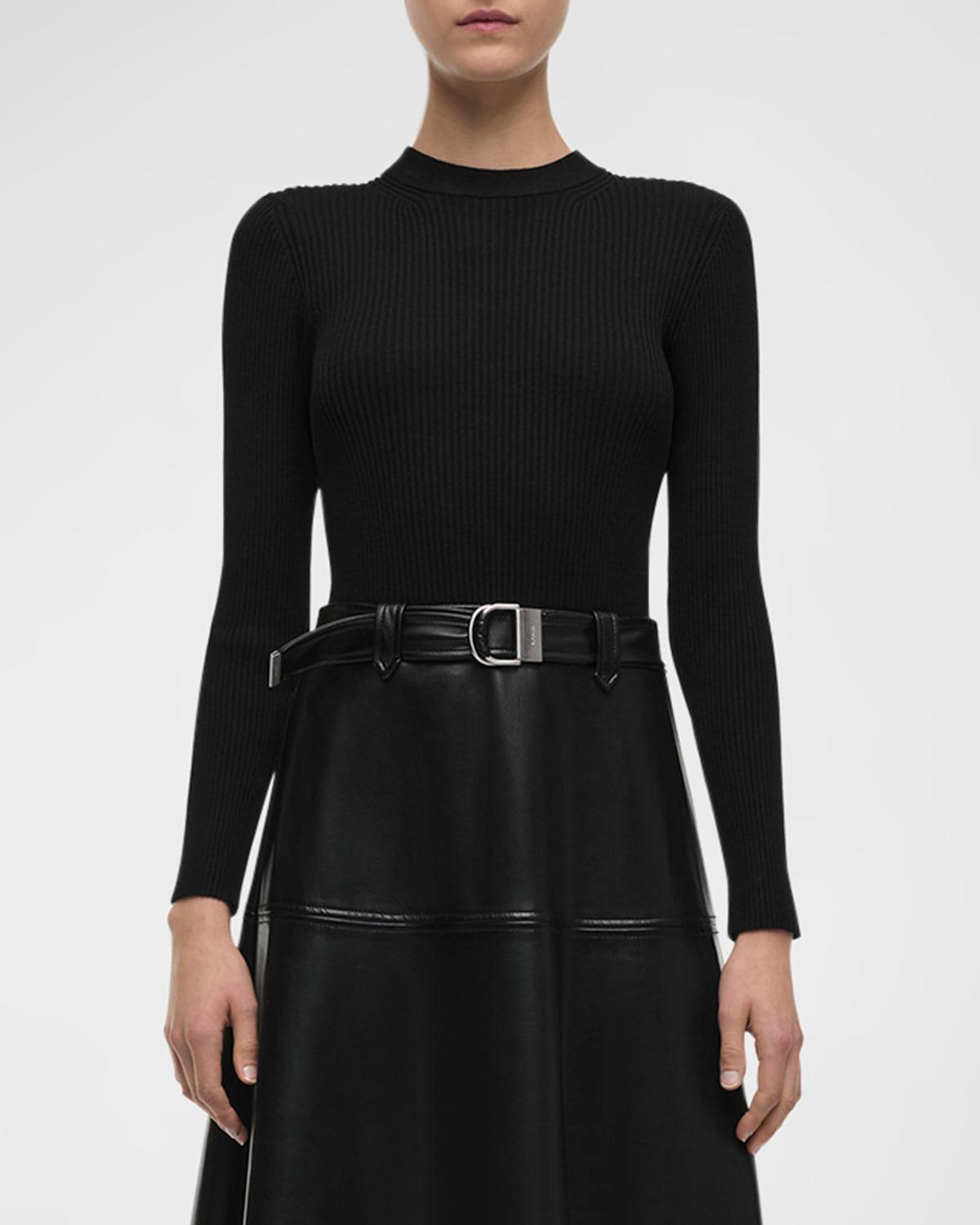 ulyssia belted knit and faux-leather combo midi dress