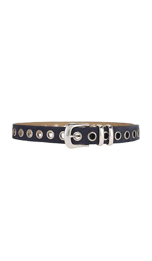 understated leather eyelet belt in blue.