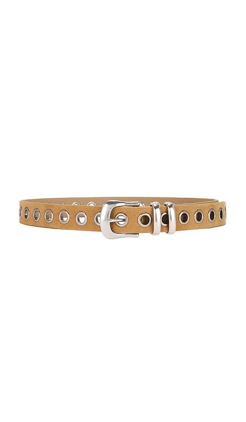 understated leather eyelet belt in brown.
