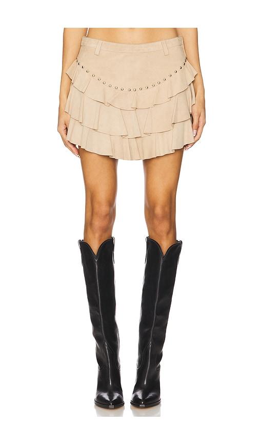 understated leather frill mini skirt in beige.