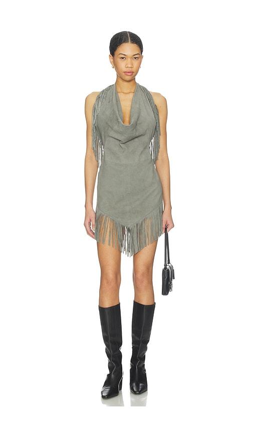 understated leather fringe mini dress in green.