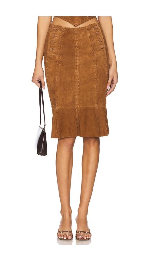 understated leather handkerchief leather skirt in brown.