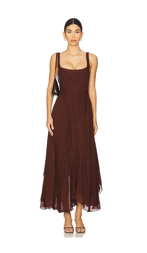understated leather honey moon dress in chocolate.