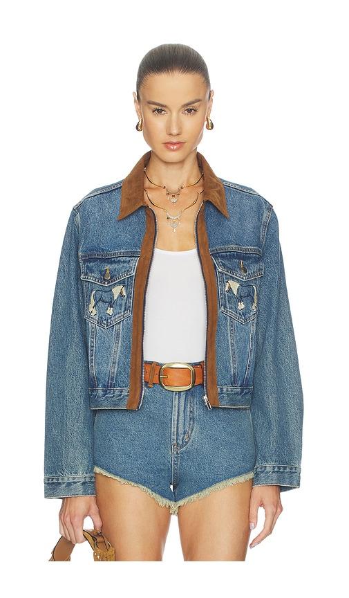 understated leather horsey jacket in blue,brown.