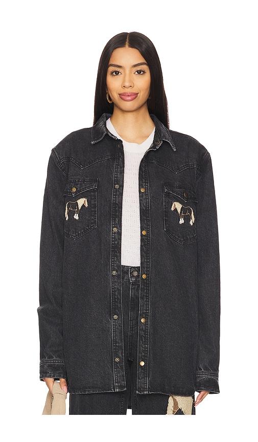 understated leather horsey shirt in black.