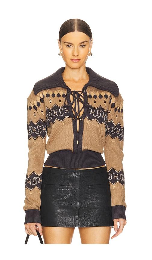 understated leather nordic cowboy sweater in tan.