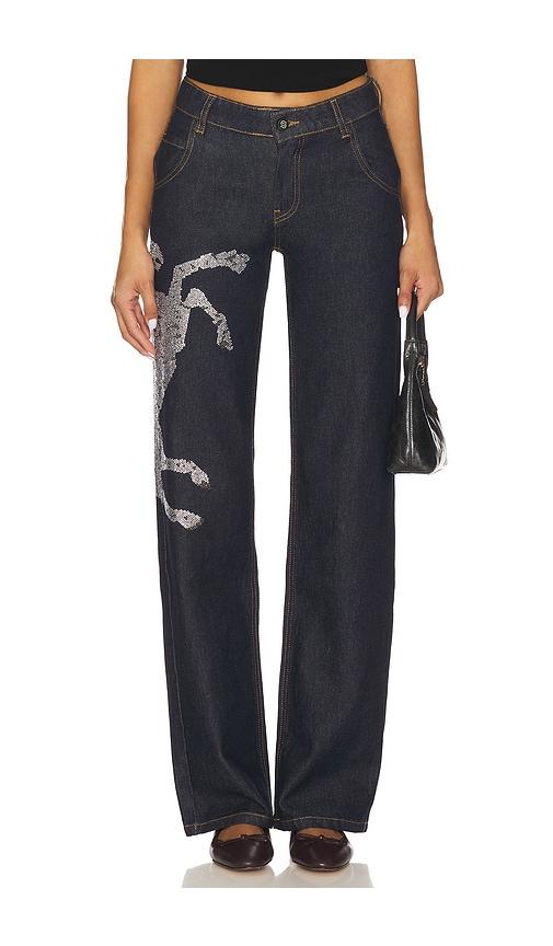 understated leather party horse jean in blue.