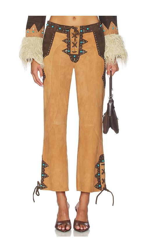 understated leather record pant in brown.