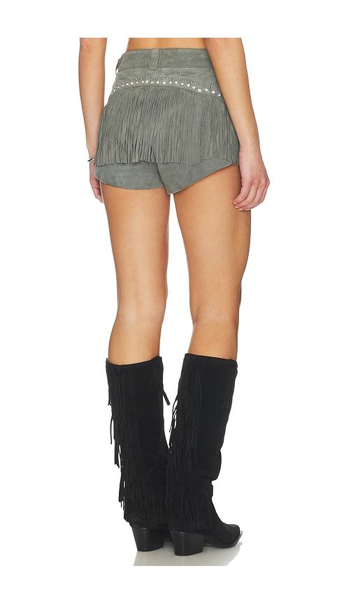 understated leather starburst short in grey.