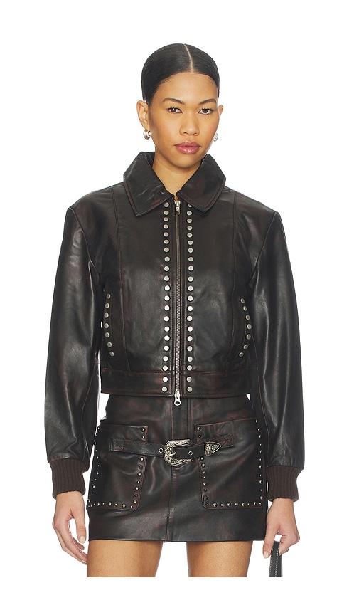 understated leather studded jacket in chocolate.