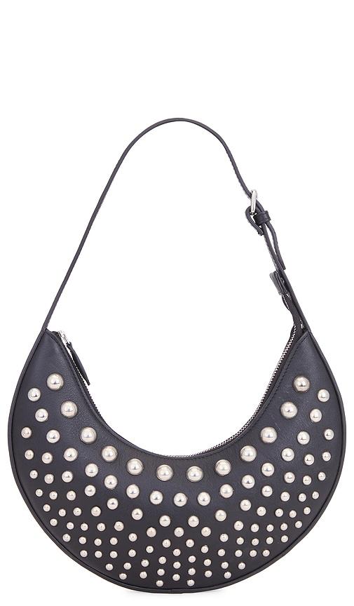 understated leather studded moon bag in black.