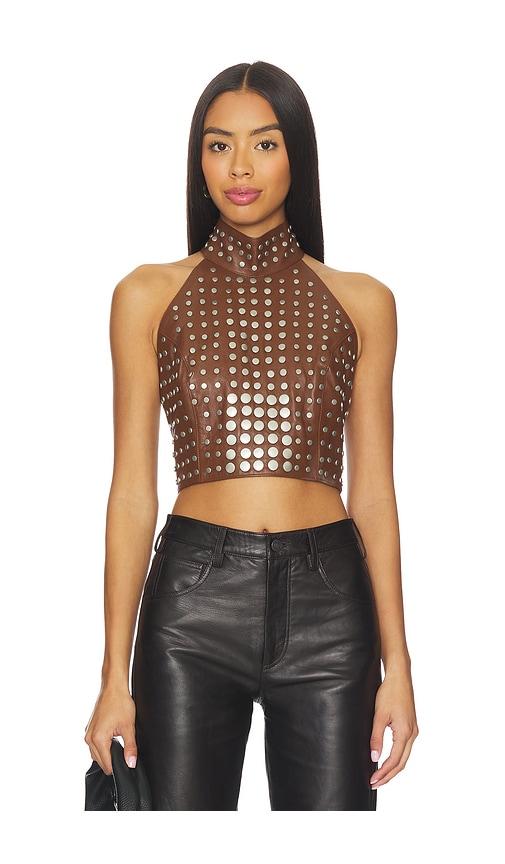 understated leather studded top in brown.