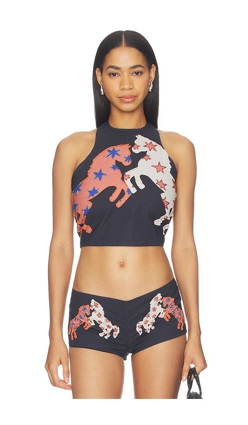 understated leather x revolve beaded horse top in navy.