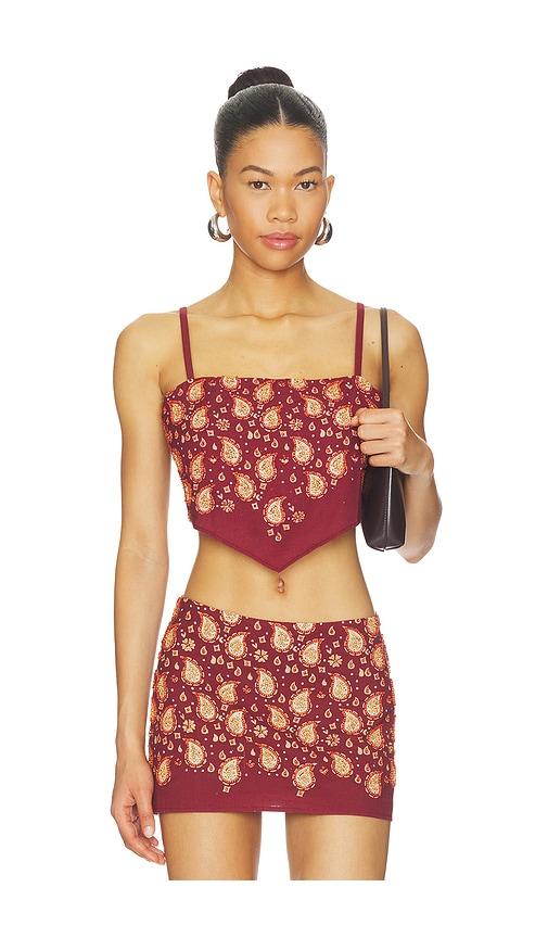 understated leather x revolve beaded paisley top in burgundy.