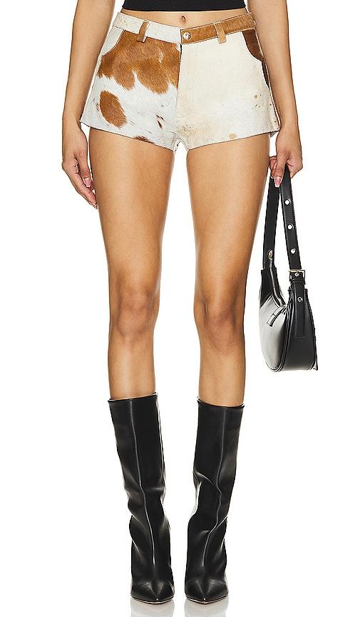 understated leather x revolve cowhide shorts in brown.