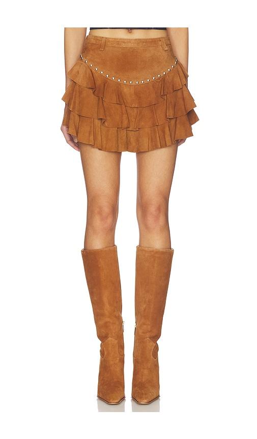 understated leather x revolve frill mini skirt in brown.