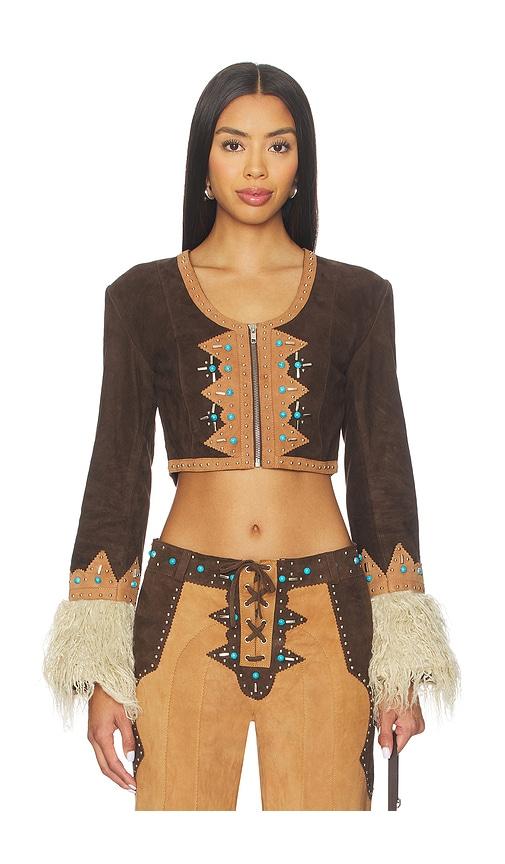 understated leather x revolve record jacket in brown.