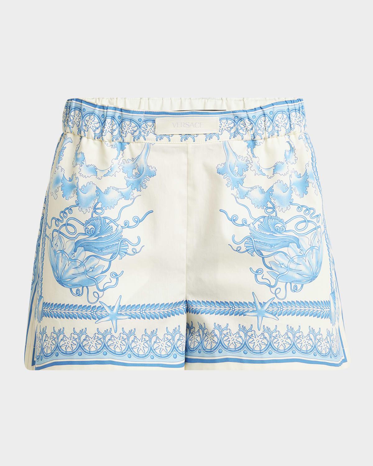 underwater barocco bicolor foulard cotton poplin pull-on shorts