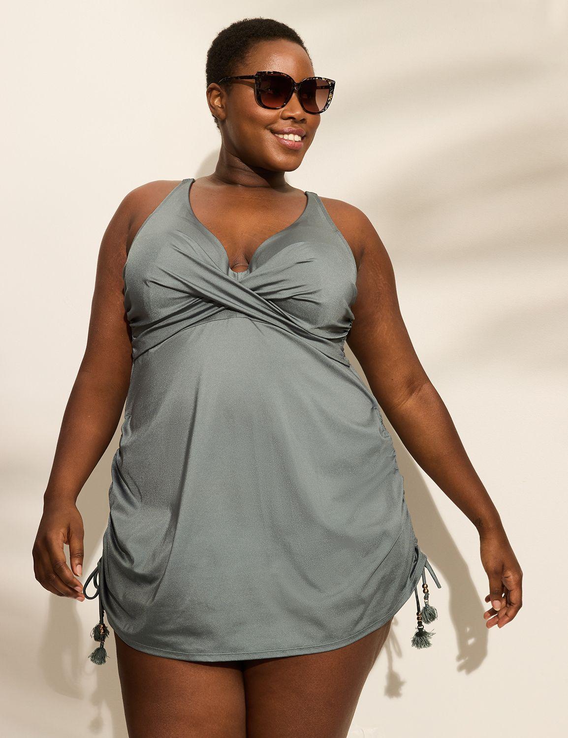 underwire shimmer wrap-front plunge swim dress