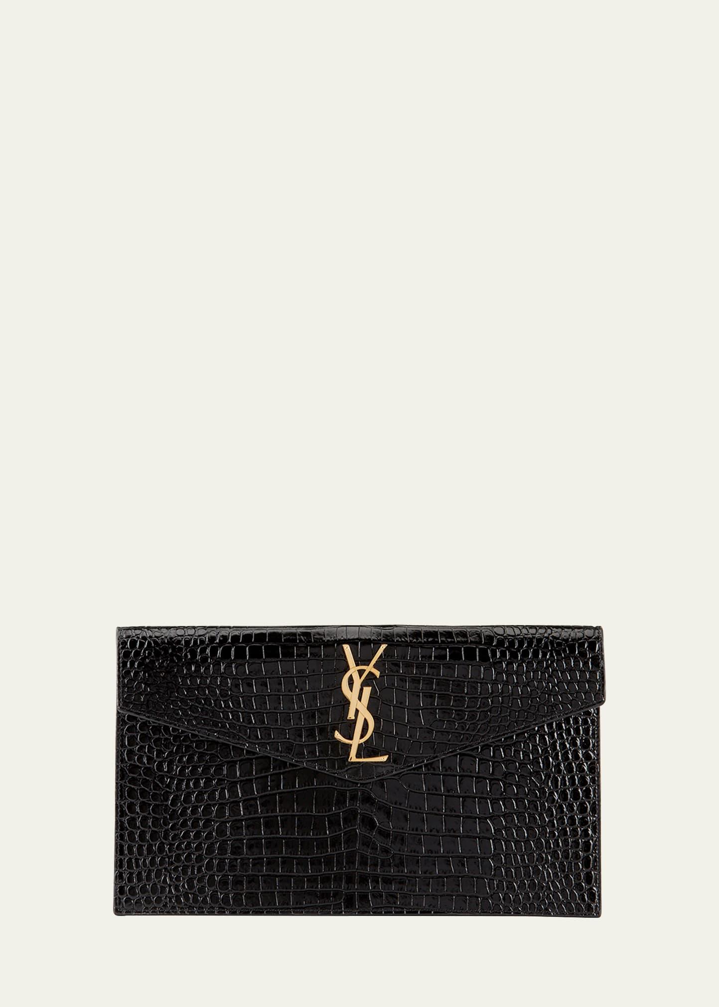 uptown medium ysl monogram croc-embossed pouch bag