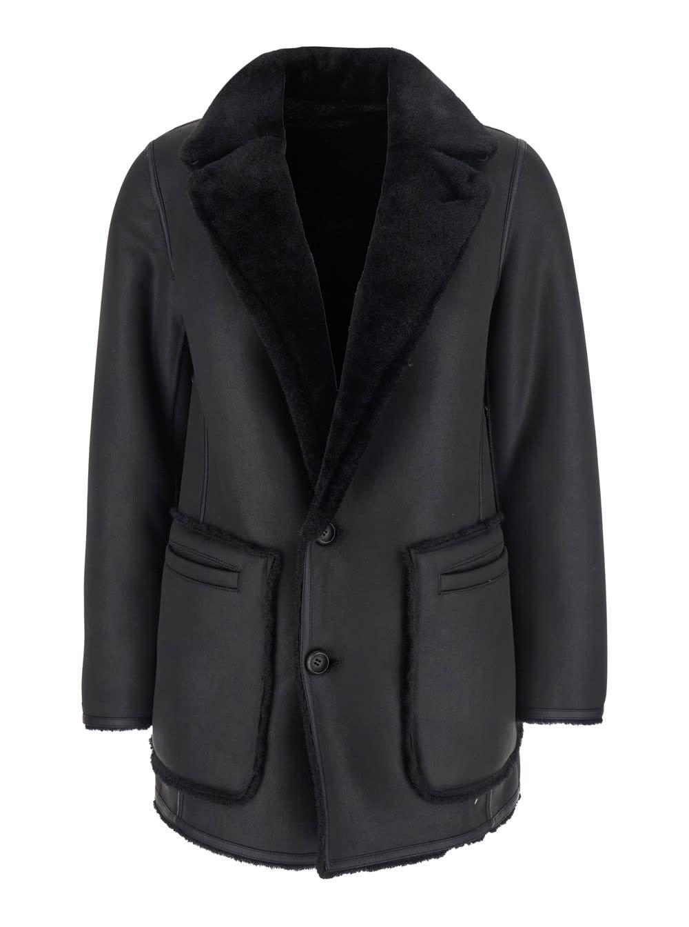 urbancode black single-breasted jacket with classic lapels in faux fur woman