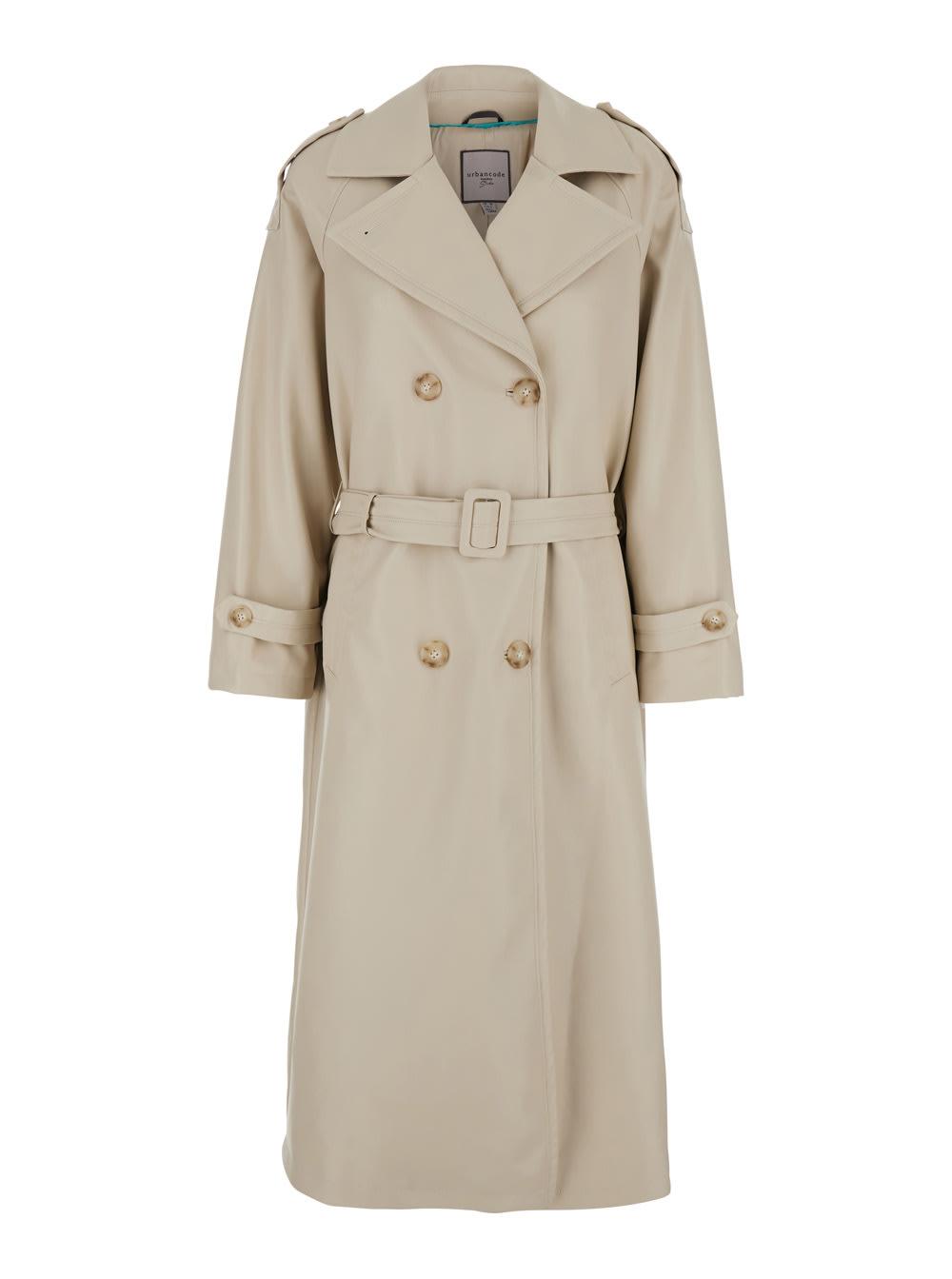 urbancode grey double-breasted trench coat with wide notched revers in tech fabric woman
