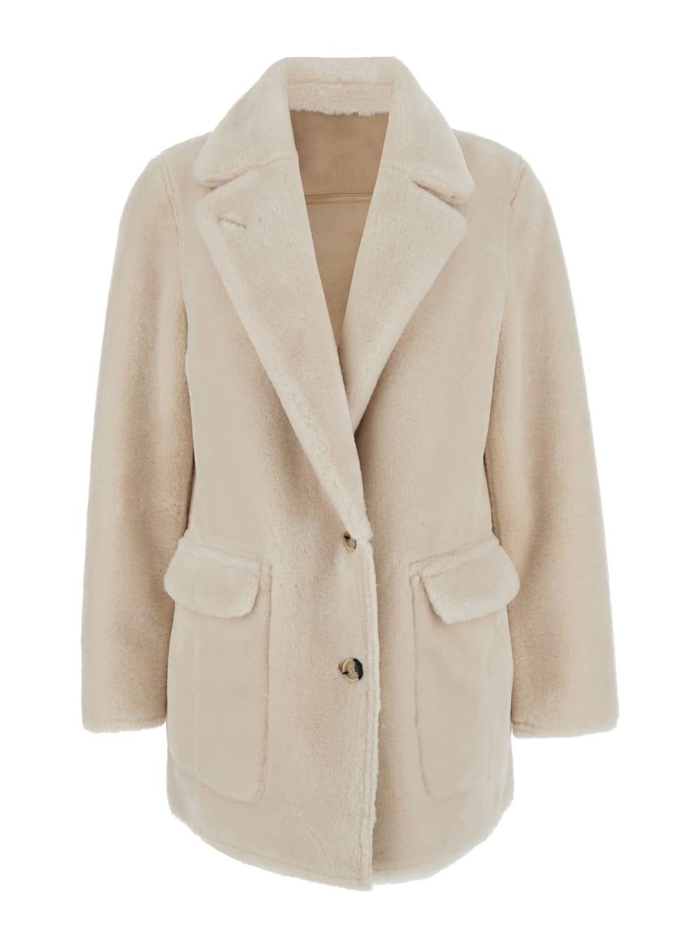 urbancode white single-breasted jacket with classic lapels in faux fur woman