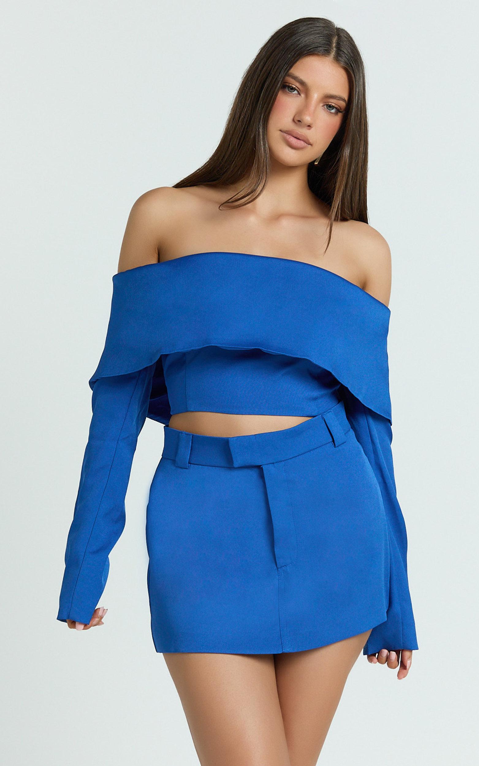 ursula top - long sleeve off shoulder cropped top in cobalt