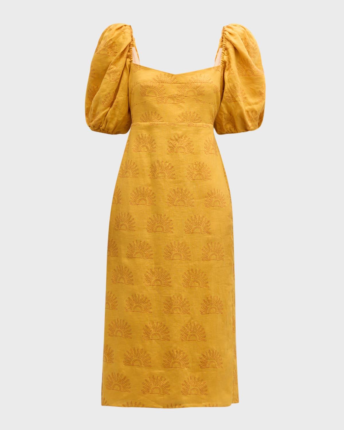 uti puff-sleeve linen midi dress