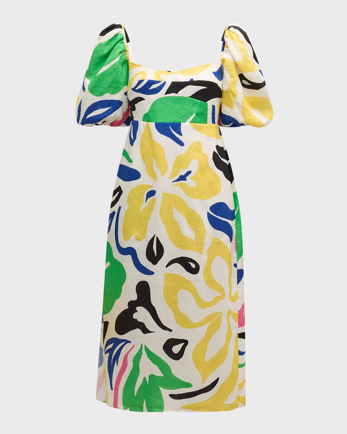 uti puff-sleeve multicolor linen midi dress