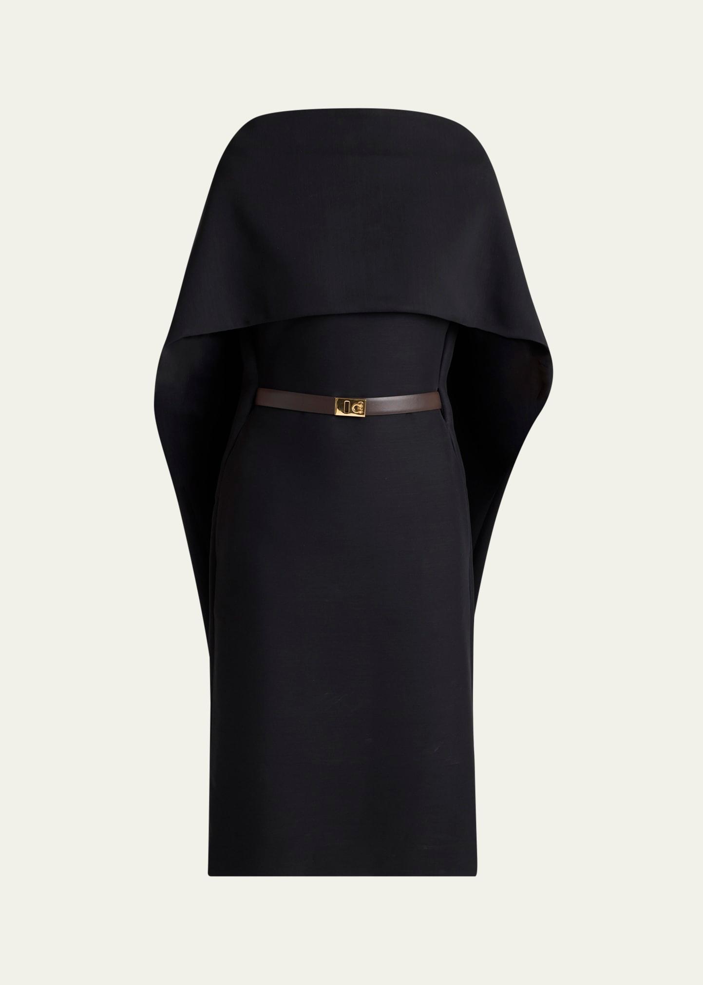 v-back cape midi dress