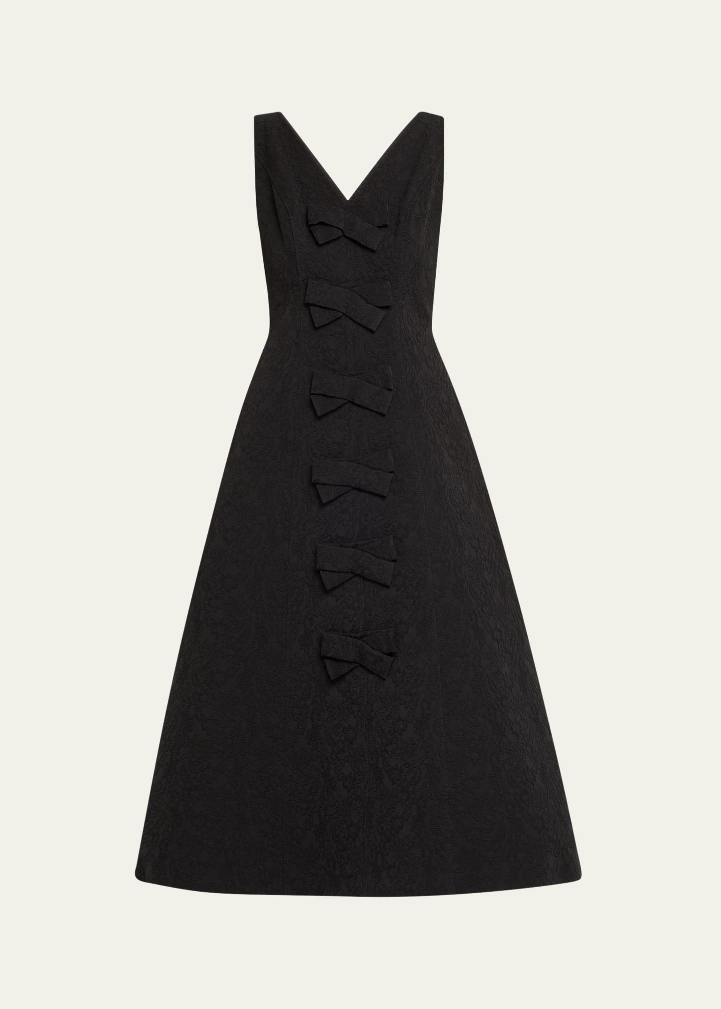 v-neck bow floral brocade midi dress