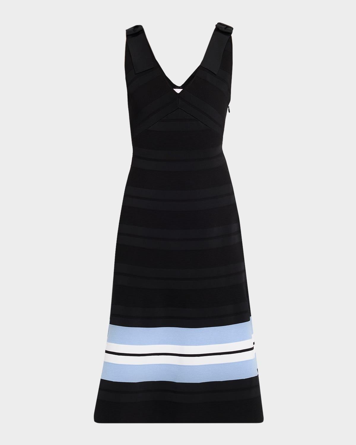 v-neck bow-shoulder fit-&-flare midi dress