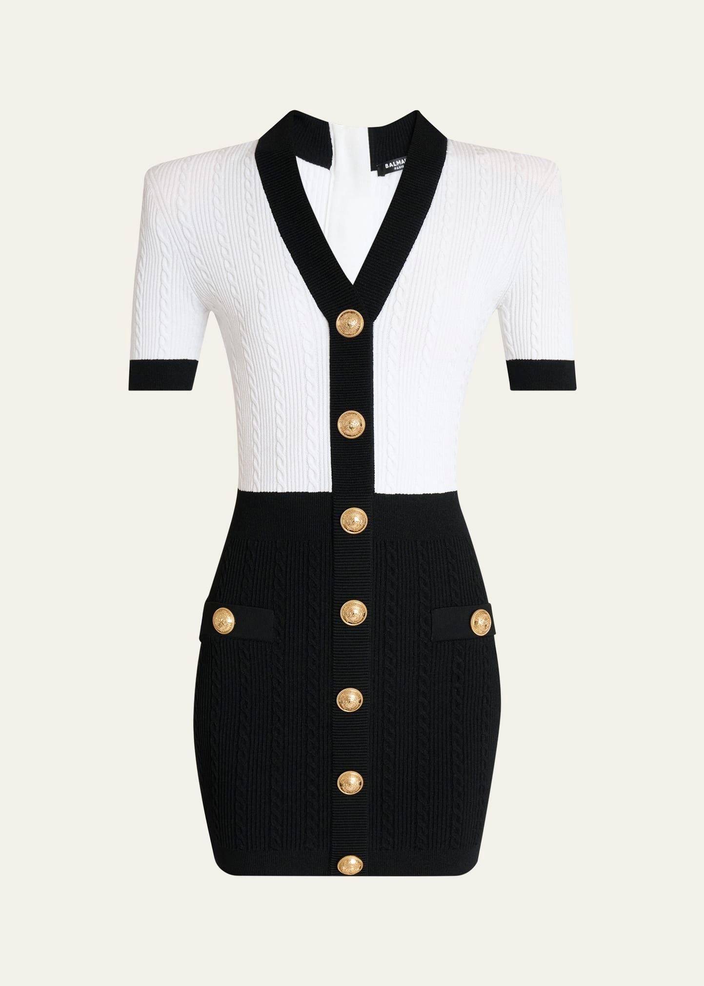 v-neck buttoned strong-shoulder torsade knit mini dress