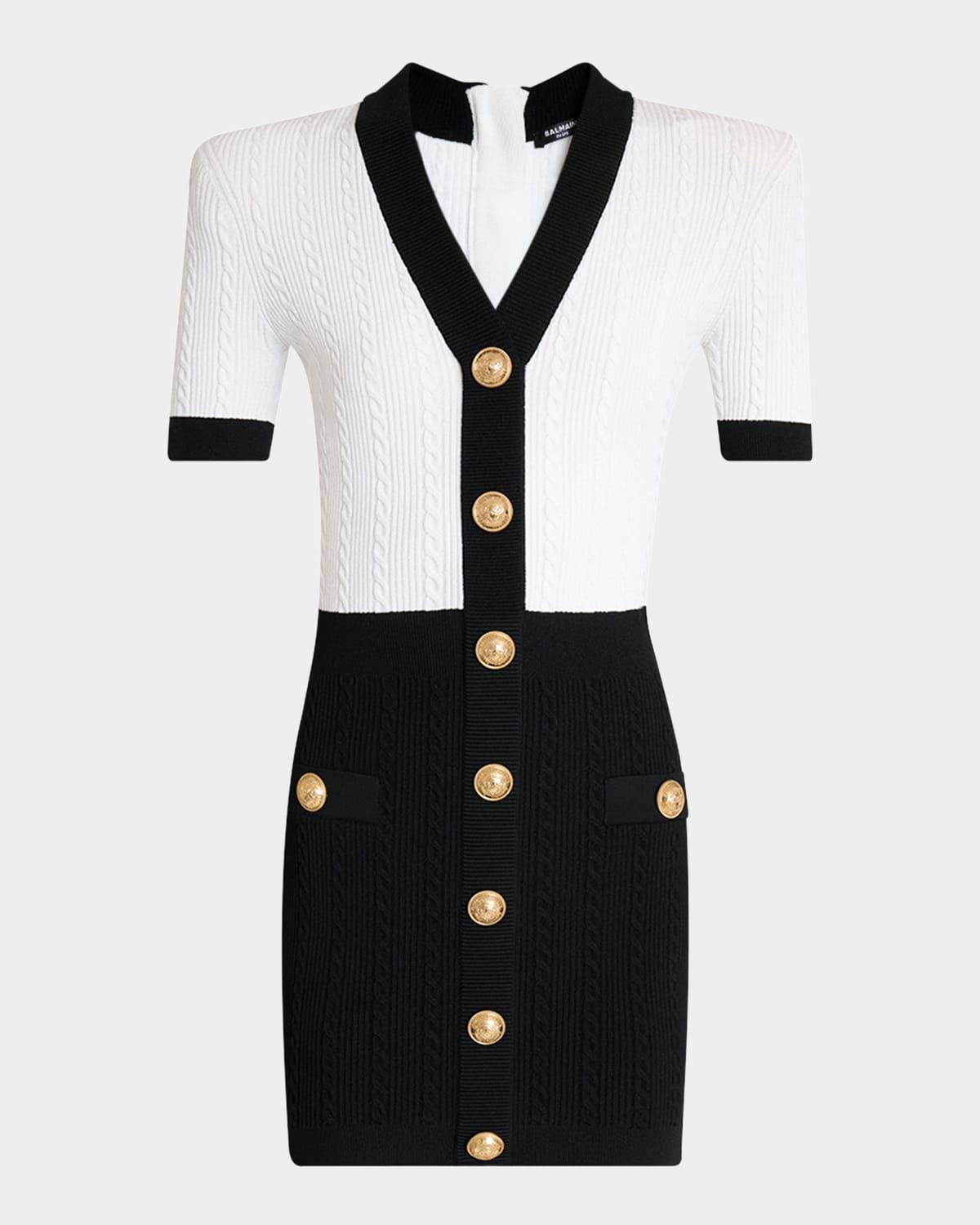 v-neck buttoned strong-shoulder torsade knit mini dress