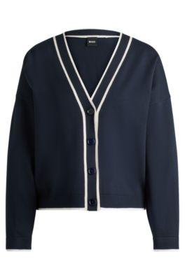 v-neck cardigan in stretch fabric with button closure- dark blue women's cardigans