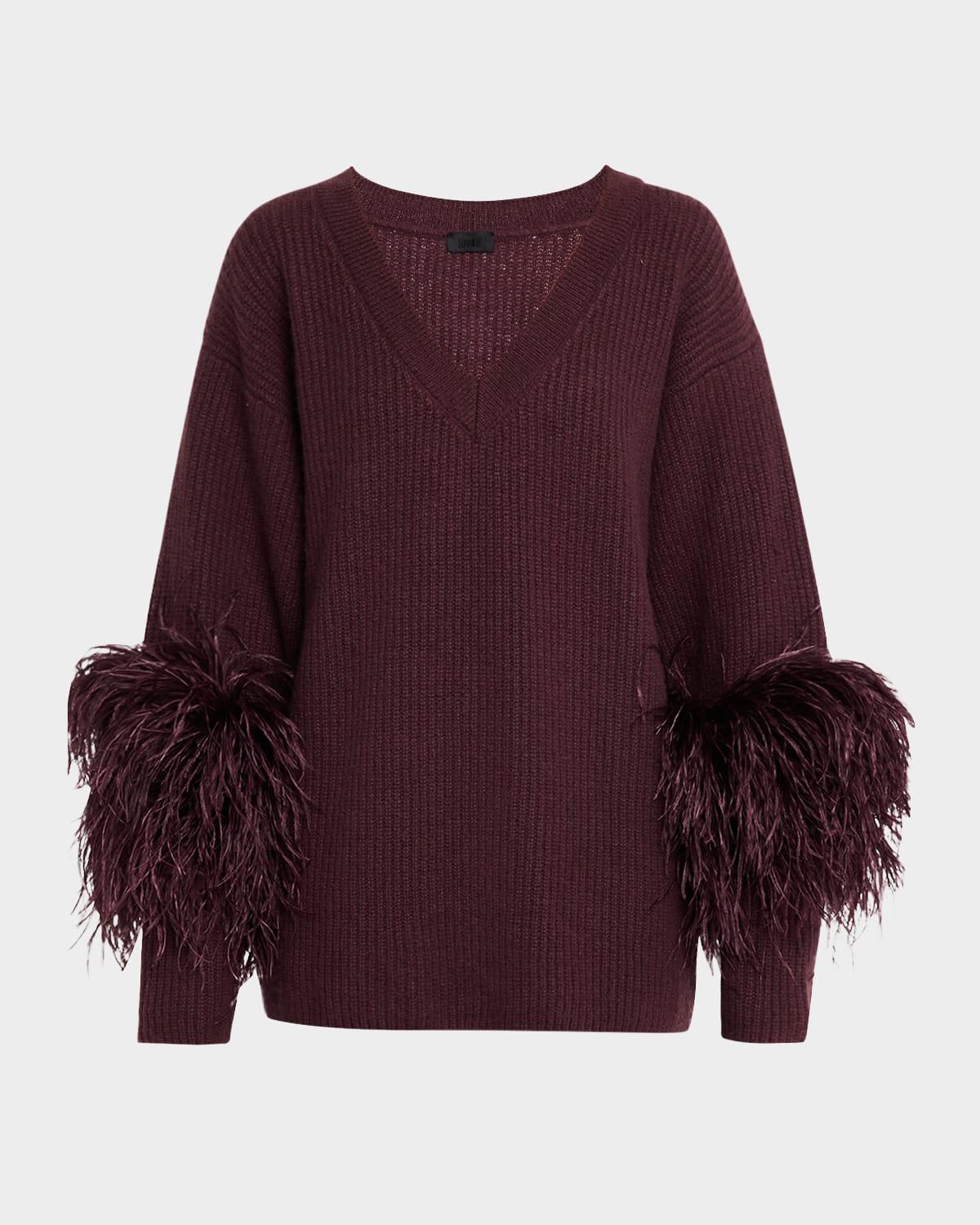 v-neck cashmere sweater with feathers