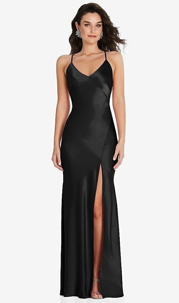 v-neck convertible strap bias slip dress with front slit