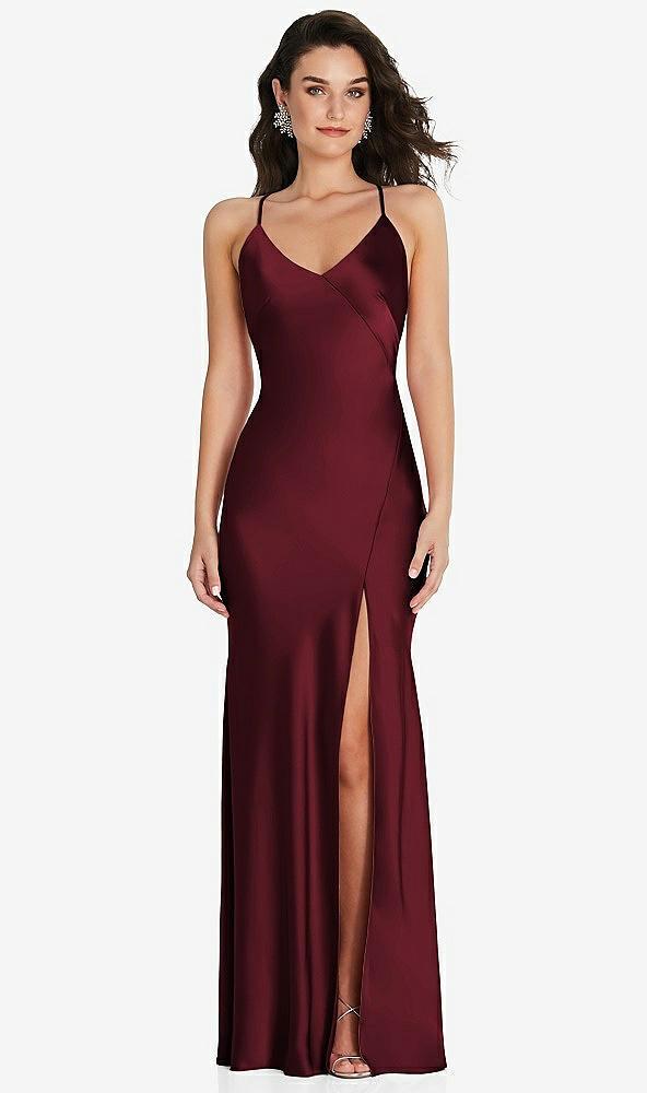 v-neck convertible strap bias slip dress with front slit
