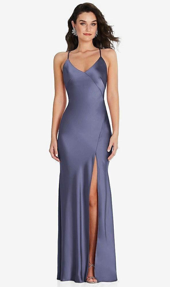 v-neck convertible strap bias slip dress with front slit