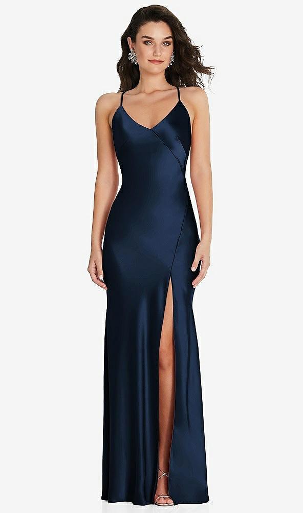v-neck convertible strap bias slip dress with front slit