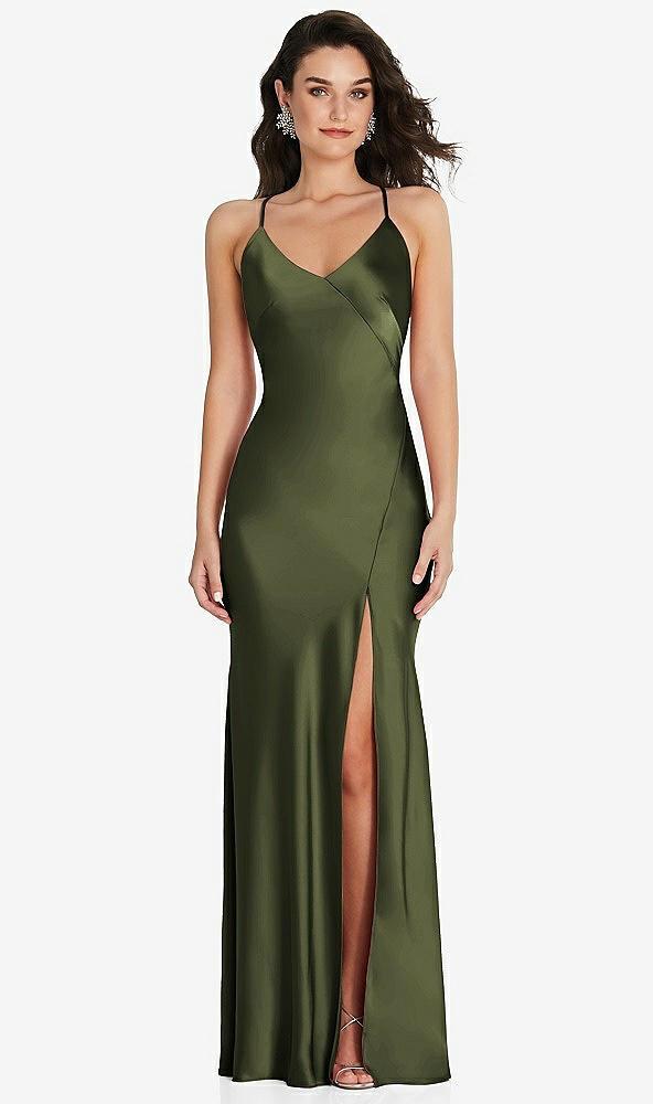 v-neck convertible strap bias slip dress with front slit