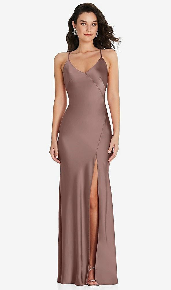 v-neck convertible strap bias slip dress with front slit