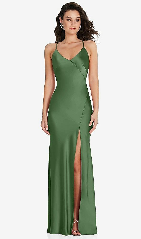 v-neck convertible strap bias slip dress with front slit